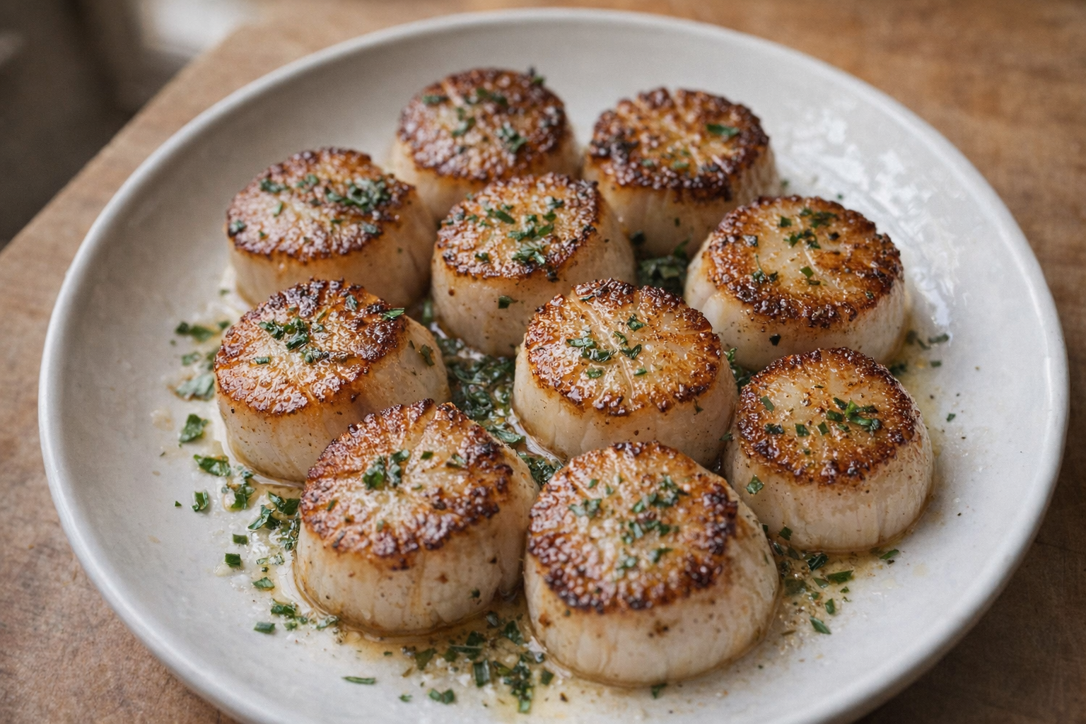 A close-up, overhead shot of perfectly seared scallops on a white plate, with a golden-brown crust and glistening centers, garnished with fresh herbs, soft natural light